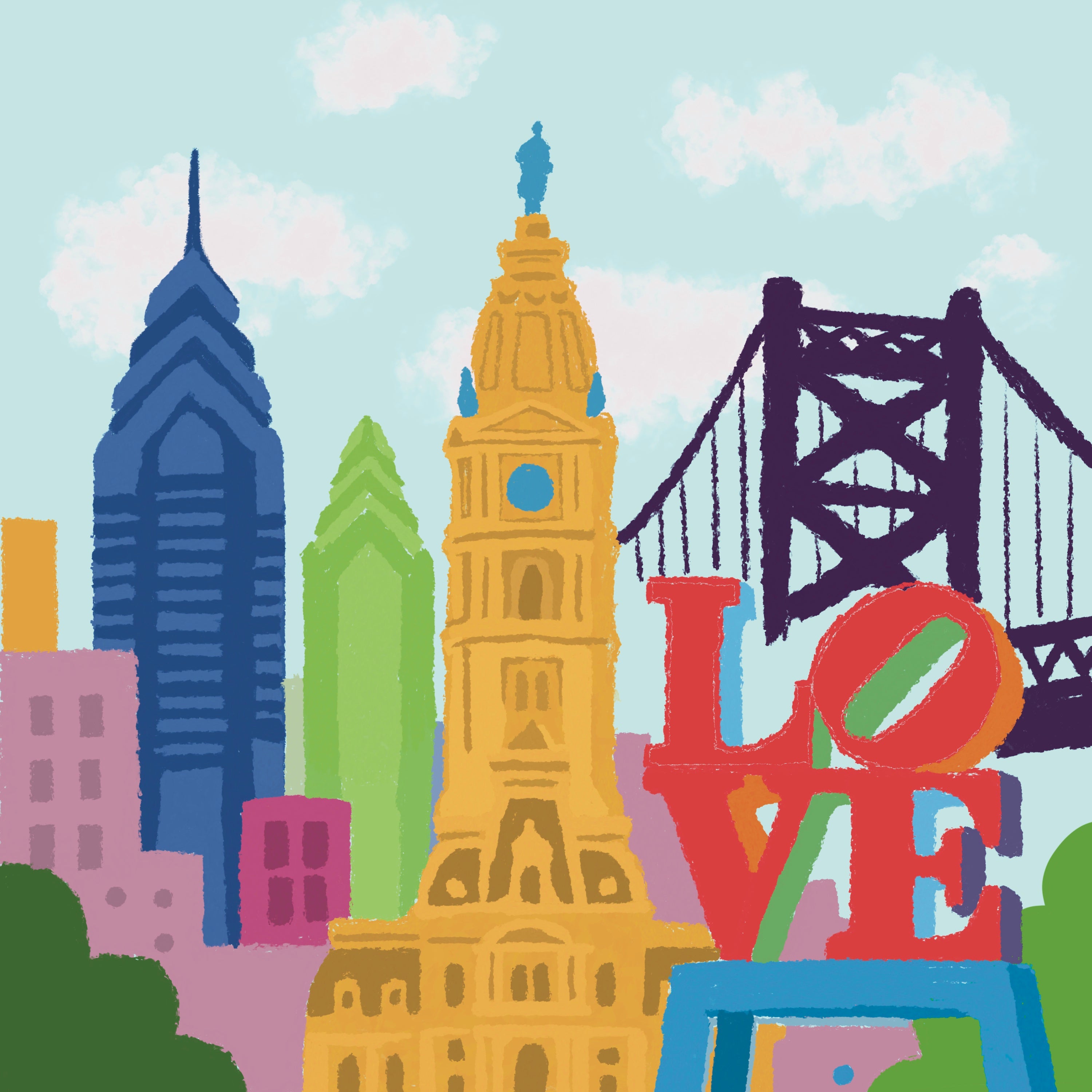 Colorful illustration of a city skyline with a prominent clock tower and 'LOVE' sculpture.